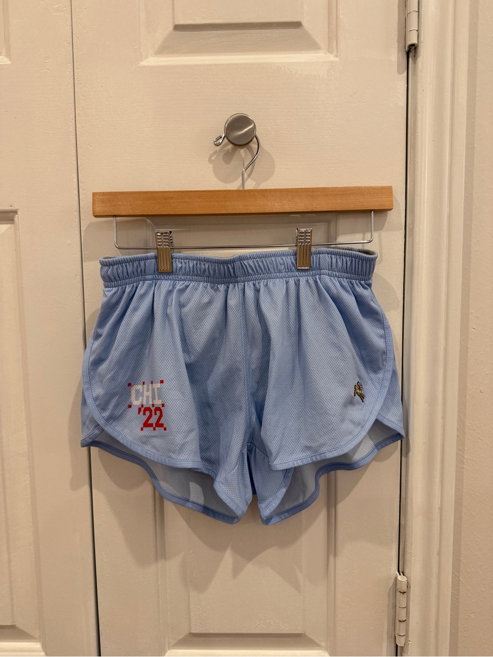 Tracksmith Light Blue Women's Running Shorts with CHI '22 Detail